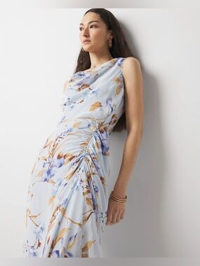 White House Black Market Cowl Neck Ruched Midi Dress  Marisa Floral Spice Water